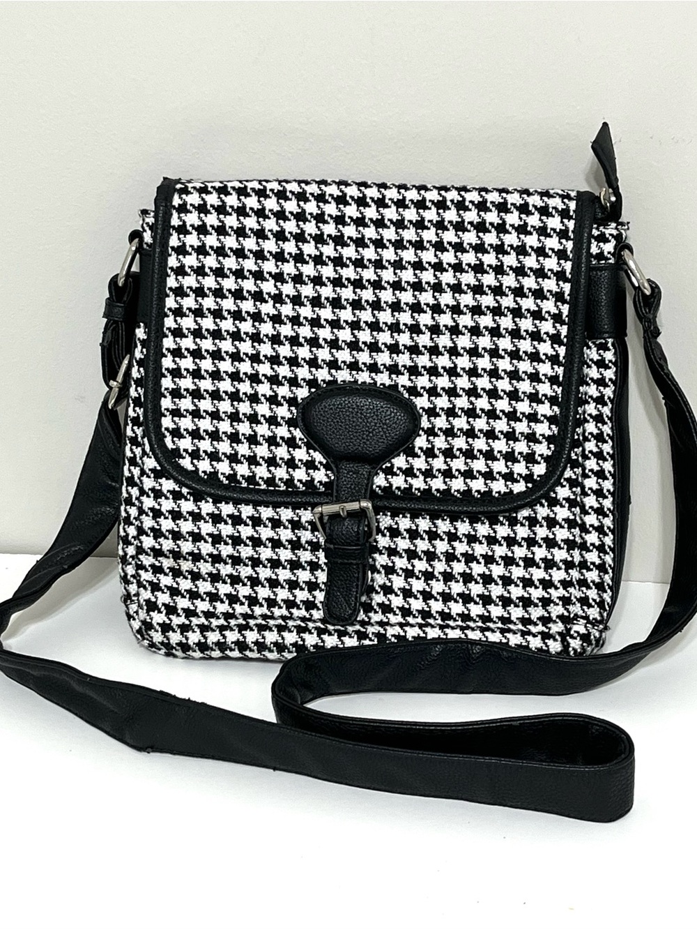 Black & White Houndstooth Crossbody Bag with Black Trim